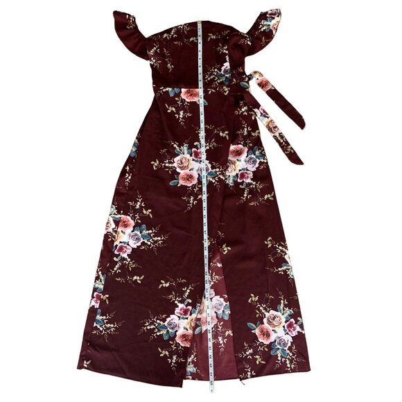 Womens Floral Print Maxi Dress With Ruffle Sleeves & Waist Tie Burgundy Small - Picture 9 of 10